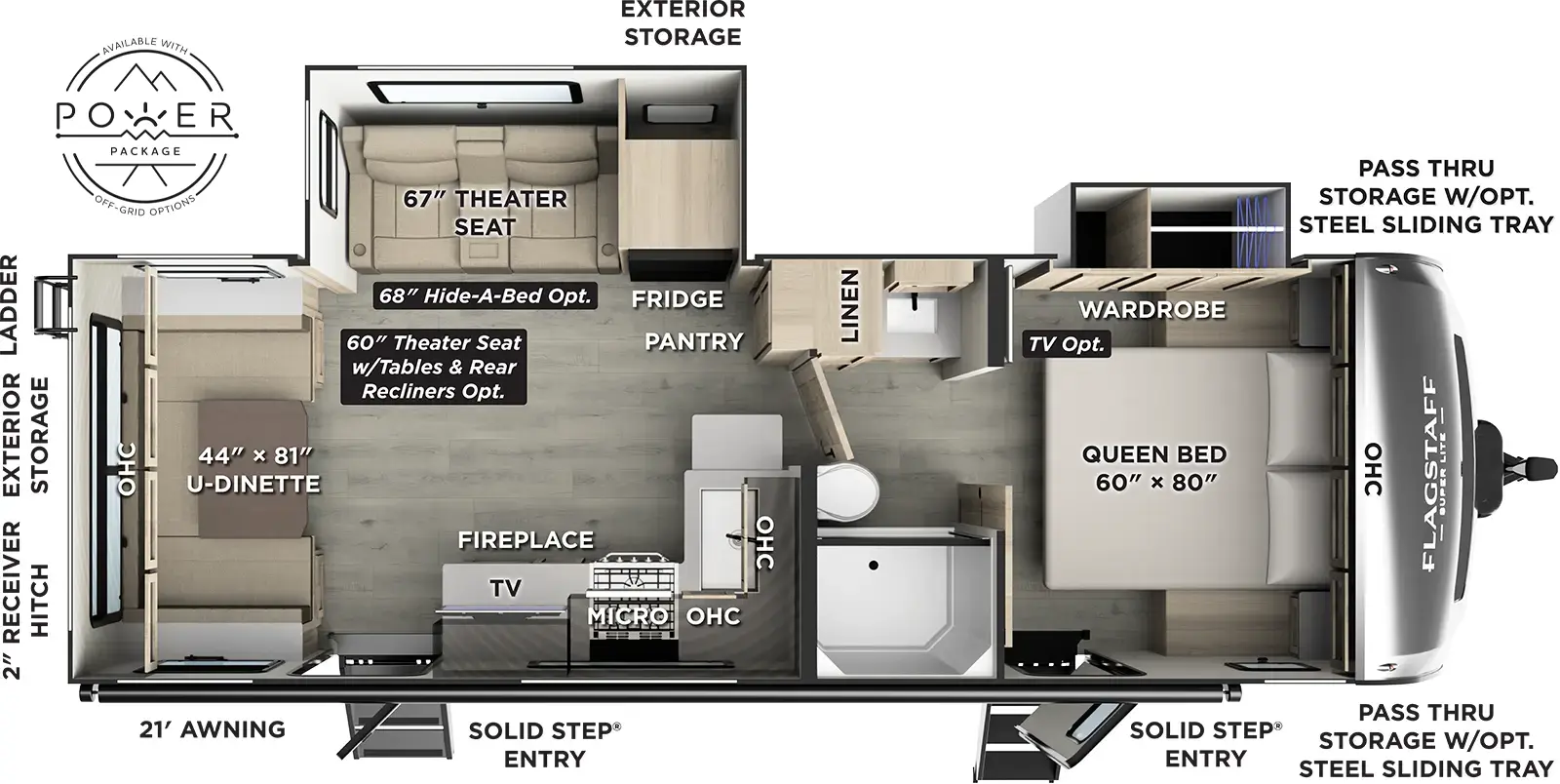 The Flagstaff Super Lite Travel Trailers 26SRD floorplan has one entry and two slide outs. Exterior features include: fiberglass exterior and 21' awning. Interiors features include: u-dinette, front bedroom and pass through bathroom.